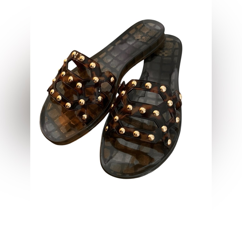Vince Camuto Brown Tortoiseshell Jelly Slide Sandals with Gold Studs